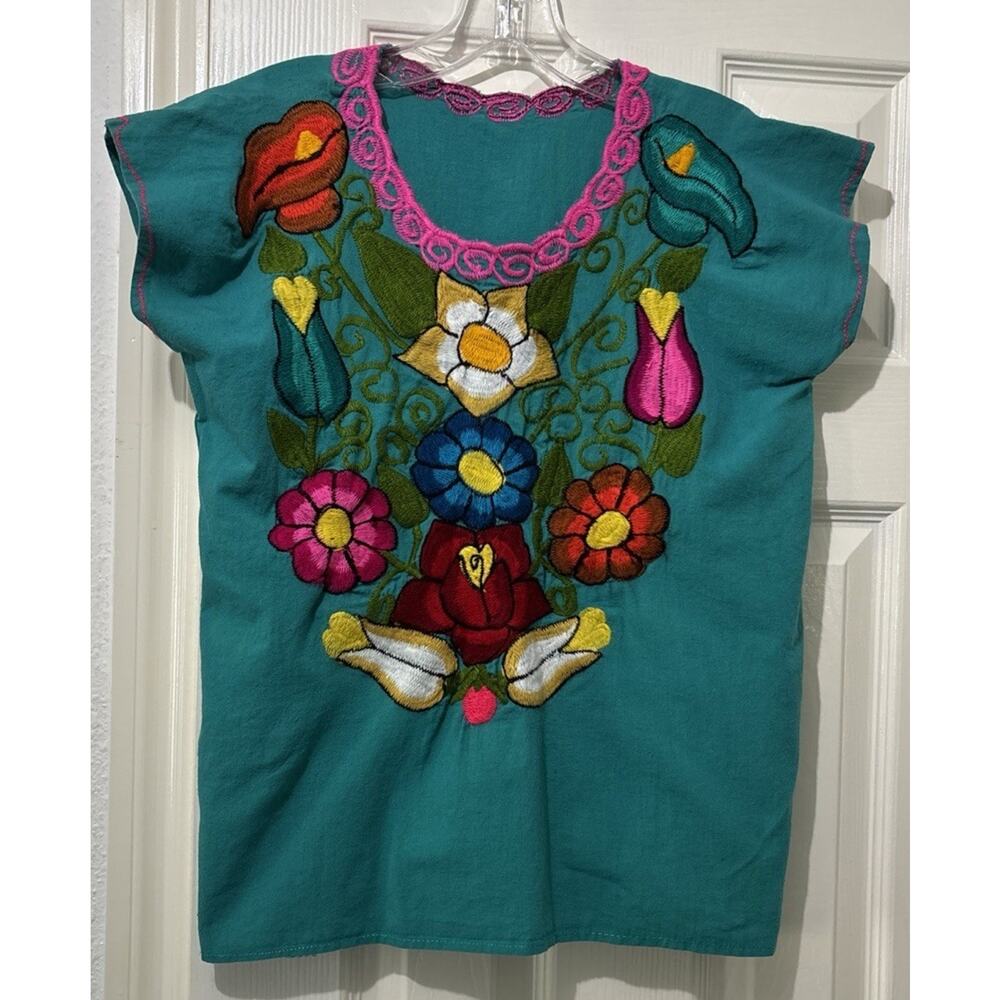 Mexican Hand Embroidered Top Blouse Size Small? Teal Flowers Multicolor